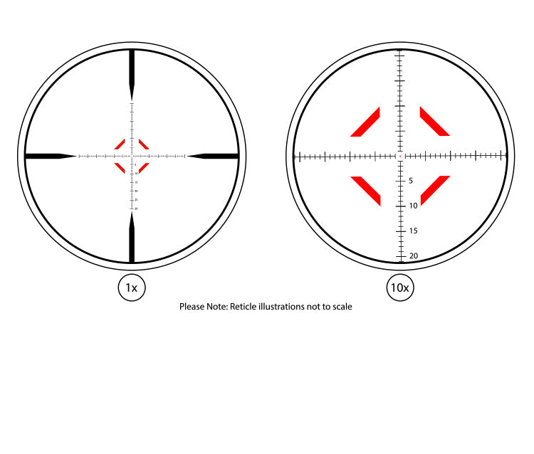 The Atibal X 1-10x30mm Rifle Scope features a First Focal Plane, Daylight Bright Illuminated MIL Reticle. At 1x the reticle acts like a red dot sight for rapid target acquisition, with the ability to magnify to 10x for longer distance engagement.